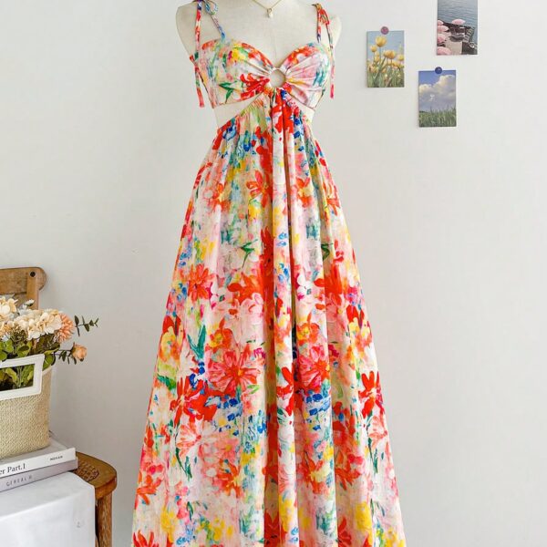 Soleia Vestido de mujer de longitud media a la rodilla con pintura al óleo colorida con estampado floral, volantes en los hombros y ajuste en la cintura, ideal para vacaciones