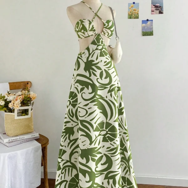 Soleia Vestido de verano de vacaciones de playa, tropical, resort, con cordones y espalda descubierta para mujer