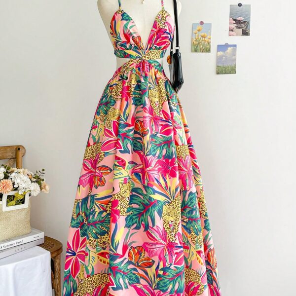 Soleia Vestido largo con estampado tropical de flores, hojas de palma y leopardo, con espalda descubierta, estilo vacacional para mujer