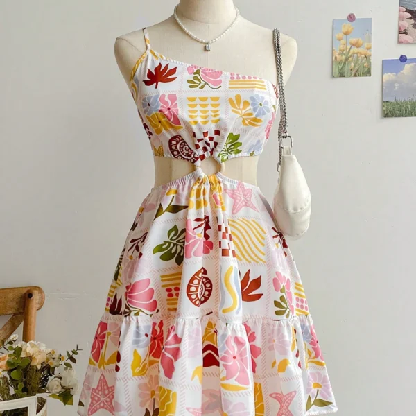 Soleia Vestido mini con recortes, de línea A y un solo hombro, con estampado tropical y diseño de cintura ceñida, ideal para vacaciones