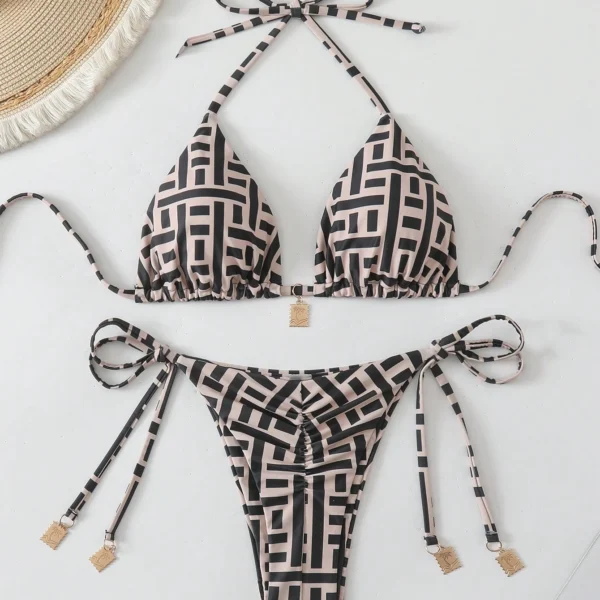Swim Chiccia Conjunto de bikini de 2 piezas con tirantes finos, estampado floral aleatorio y decoración de metal vintage para mujer en primavera y verano