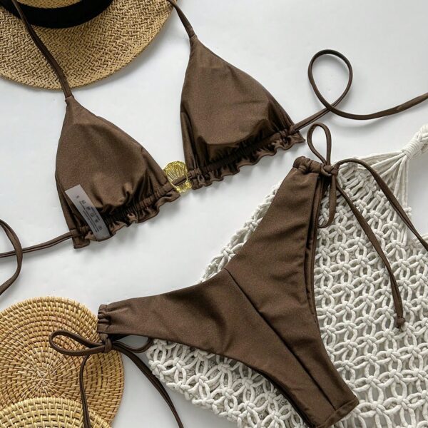 Swim Vcay Conjunto de bikini sencillo para mujer con tirantes de espagueti, unicolor, decoración de concha metálica y lazos laterales, ideal para primavera y verano