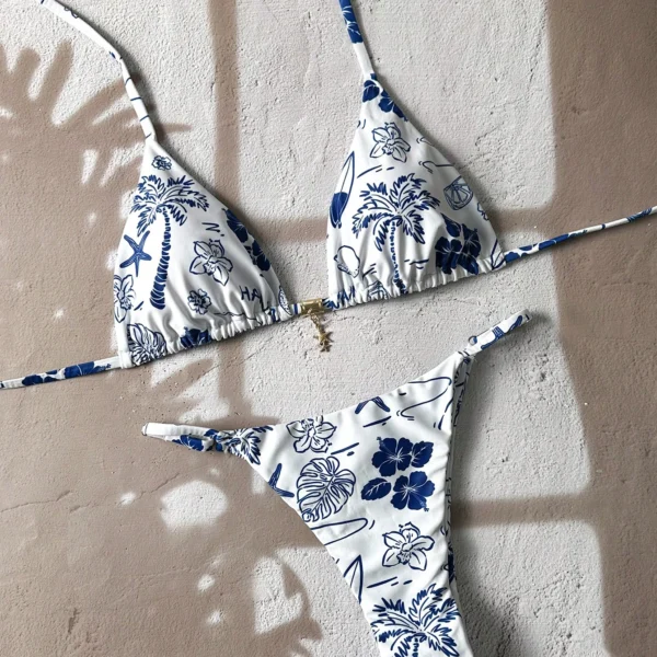 Swim Conjunto de bikini sexy de mujer para vacaciones de primavera con decoración de metal y correas de espagueti con estampado aleatorio