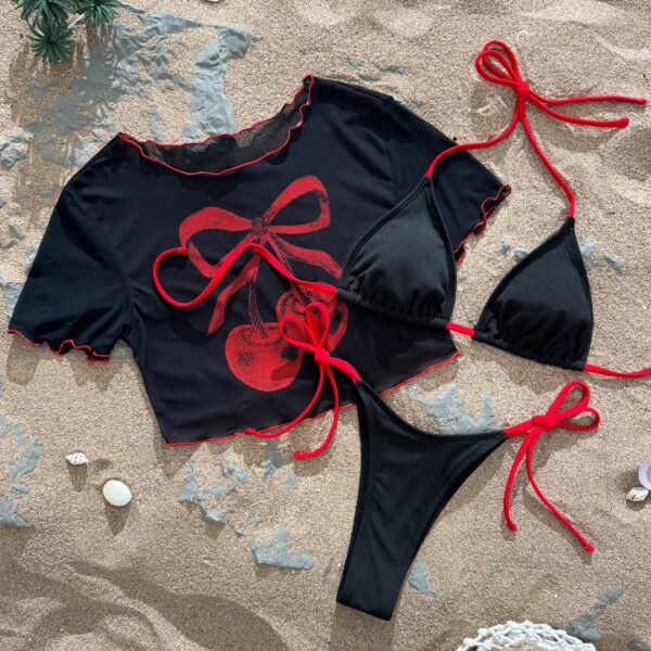 Swim Mod Conjunto de 3 piezas Traje de baño con bloque de color y estampado de cerezas, cute y romántico para mujer