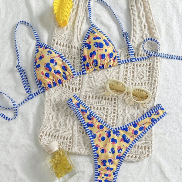 Swim Mod Conjunto de bikini de 2 piezas con tirantes de espagueti y estampado aleatorio lindo para mujer, atuendos de primavera y verano