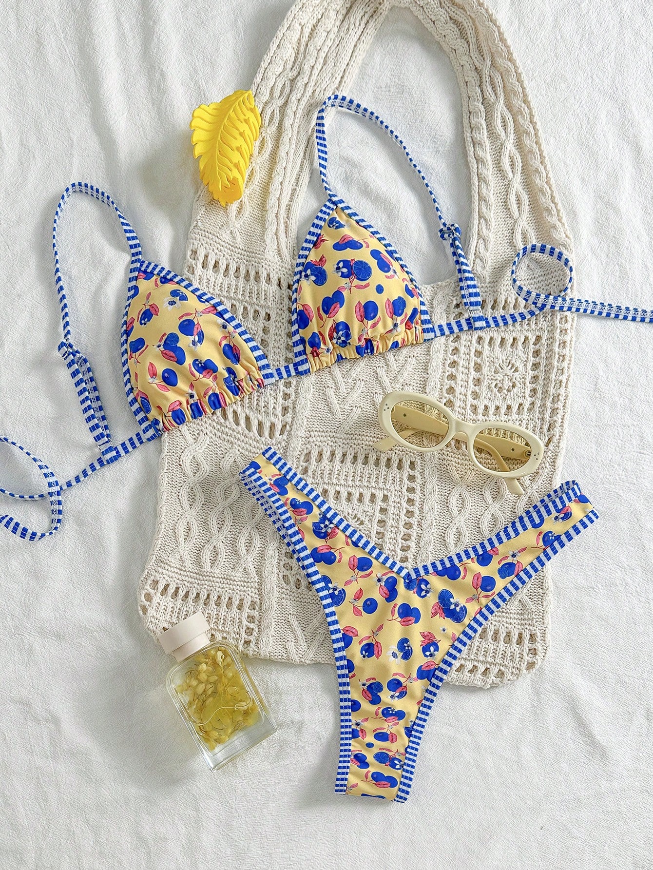 Swim Mod Conjunto de bikini de 2 piezas con tirantes de espagueti y estampado aleatorio lindo para mujer, atuendos de primavera y verano - Imagen 1