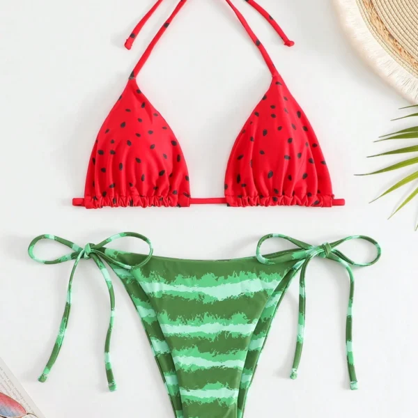 Swim Mod Conjunto de bikini de halter con estampado de sandía para playa de verano, bikini de vacaciones