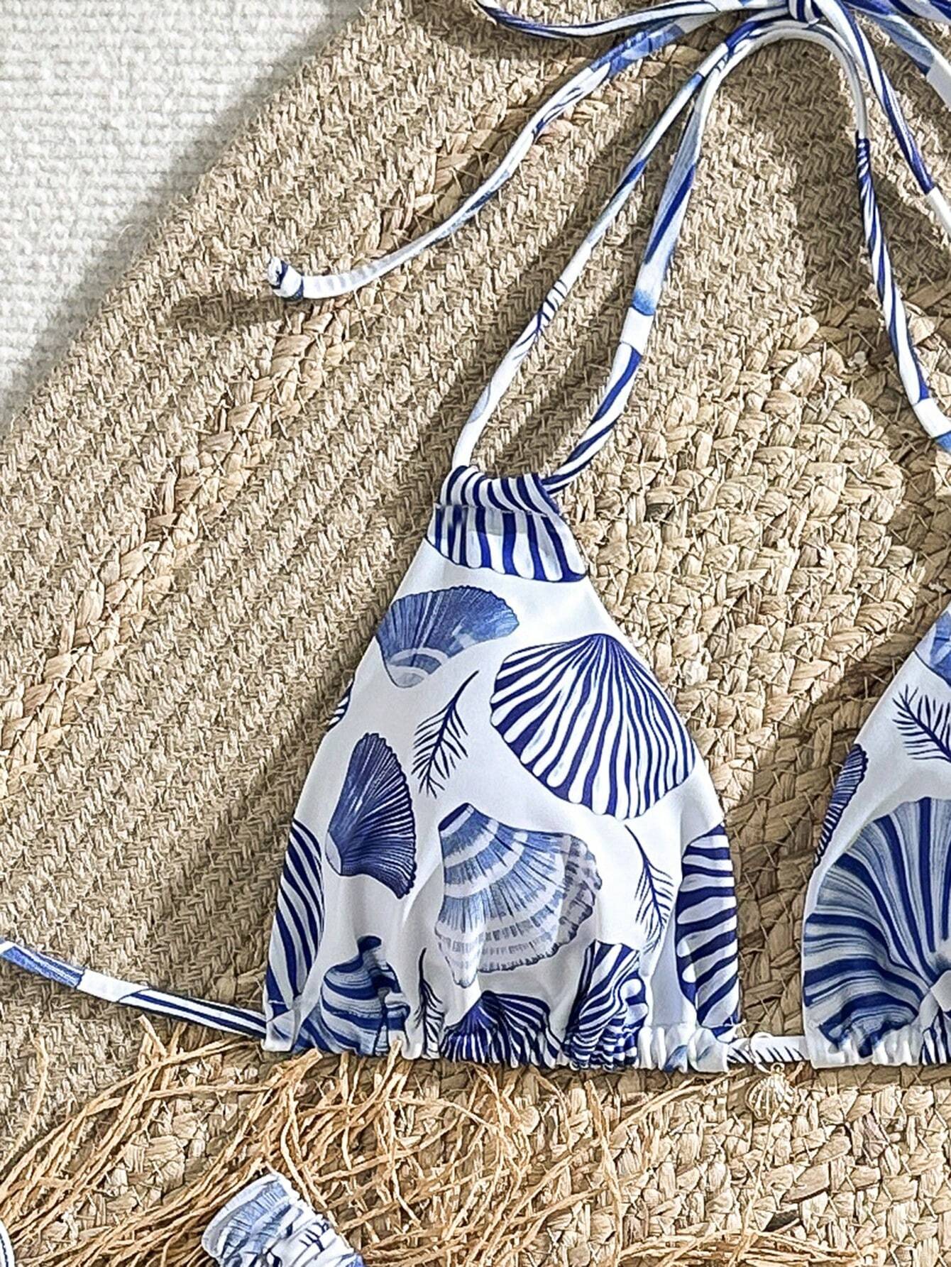 Swim Mod Conjunto de bikini sexy estampado de conchas para mujeres con corbata de cuello Halter para l - Imagen 2