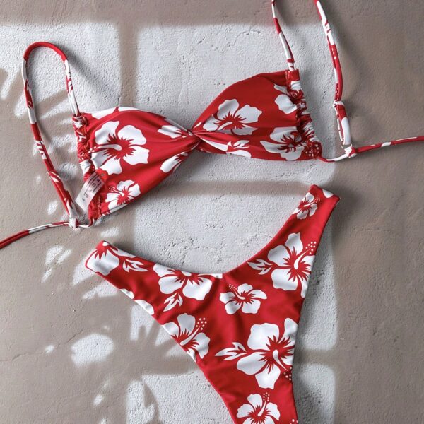 Swim Mod Conjunto de bikini sexy para mujer con estampado floral, tirantes finos, nudo retorcido y corte alto