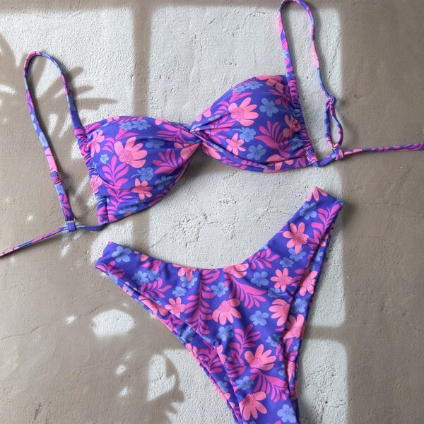 Swim Mod Conjunto de bikini sexy para mujer con estampado plateado al azar, tirantes de espagueti y corte