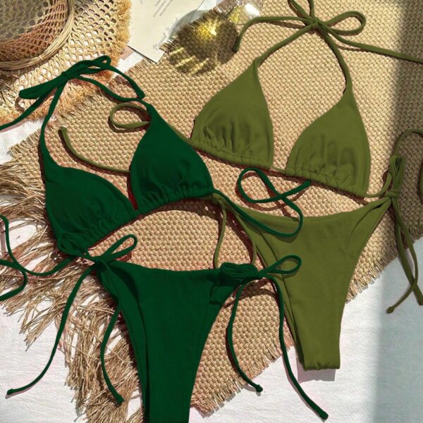 Swim Mod Set de 2 piezas Bikini sexy con halter y amarre delantero de unicolor, adecuado para playa y resort en verano