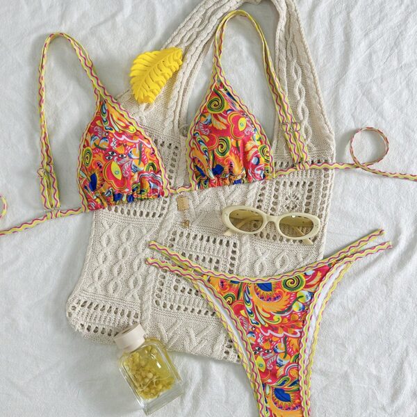 Swim Set de 2 piezas de bikini triangular con estampado aleatorio y correas ajustables para mujer, traje de baño casual de playa y verano