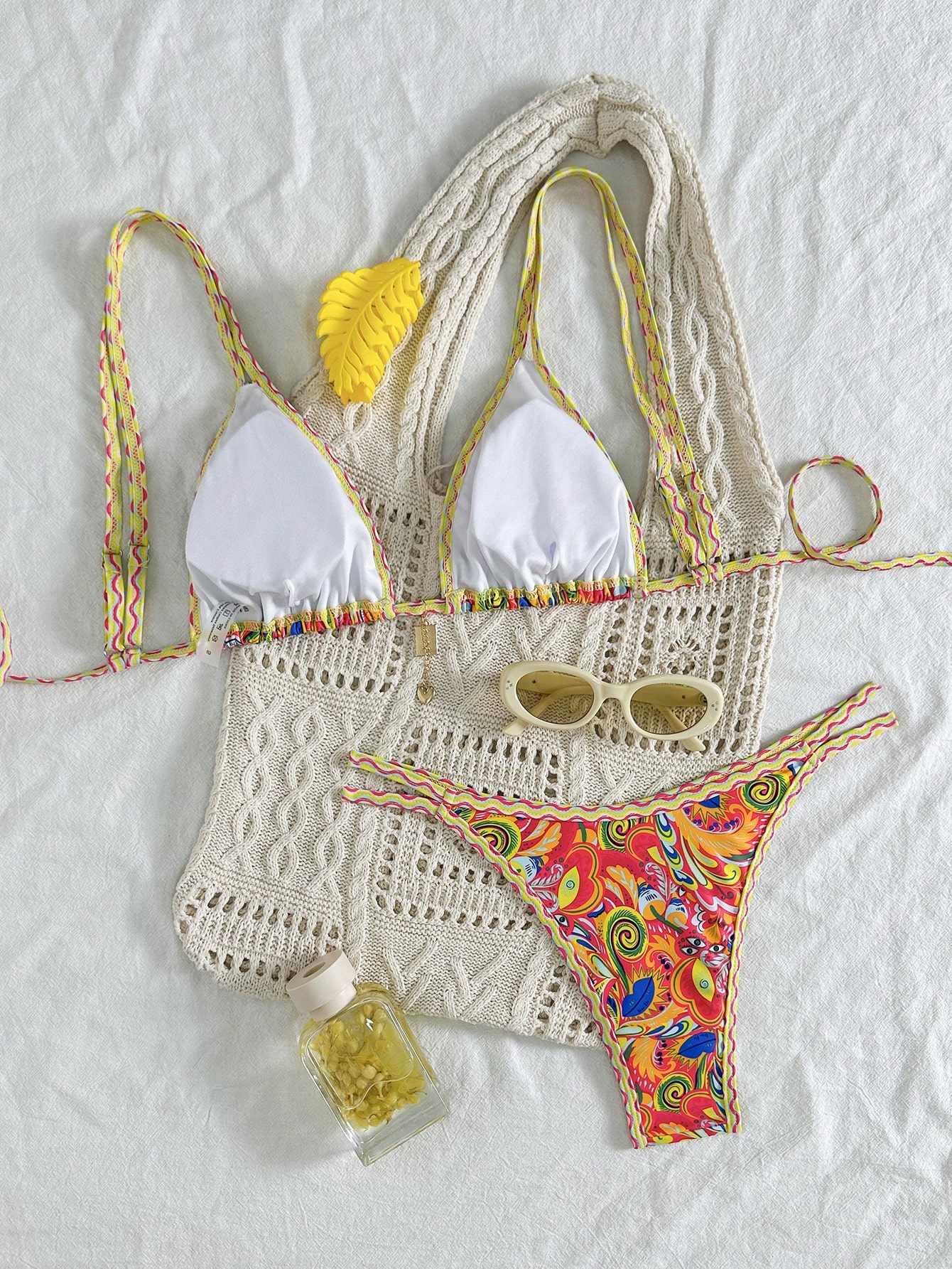 Swim Set de 2 piezas de bikini triangular con estampado aleatorio y correas ajustables para mujer, traje de baño casual de playa y verano - Imagen 6