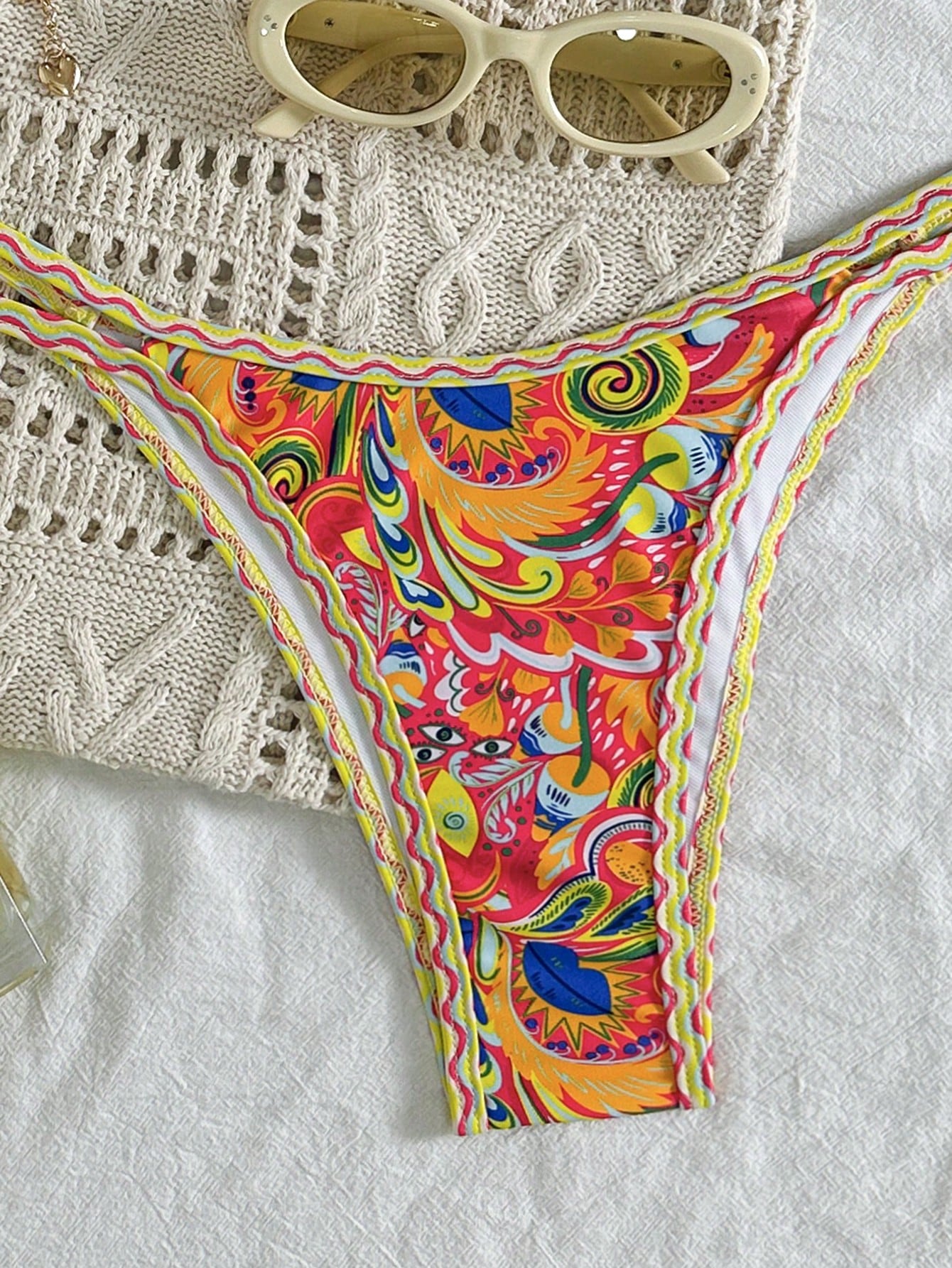 Swim Set de 2 piezas de bikini triangular con estampado aleatorio y correas ajustables para mujer, traje de baño casual de playa y verano - Imagen 5