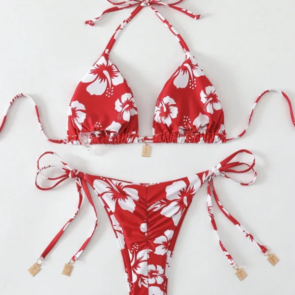 Swim Mod Set de bikini de 2 piezas con estampado aleatorio, top con tirantes y espalda descubierta y shorts de natación con atadura lateral, para playa y vacaciones de verano