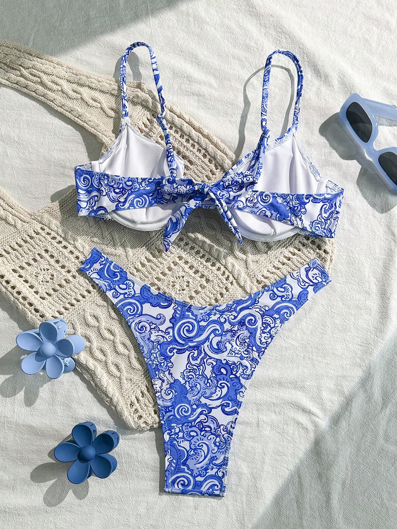 Swim SXY 2 piezas Bikini con sujetador bandeau estampado azul con efecto push up, con tirantes ajustables - Imagen 6