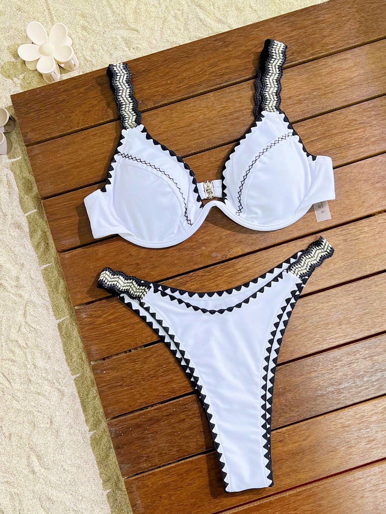 Swim SXY Bikini de baño con recorte en bloques de color, sin push-up, con aros, para verano - Imagen 4