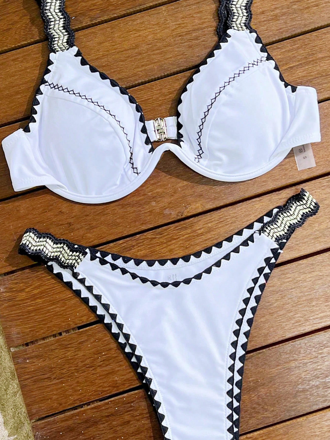 Swim SXY Bikini de baño con recorte en bloques de color, sin push-up, con aros, para verano - Imagen 2