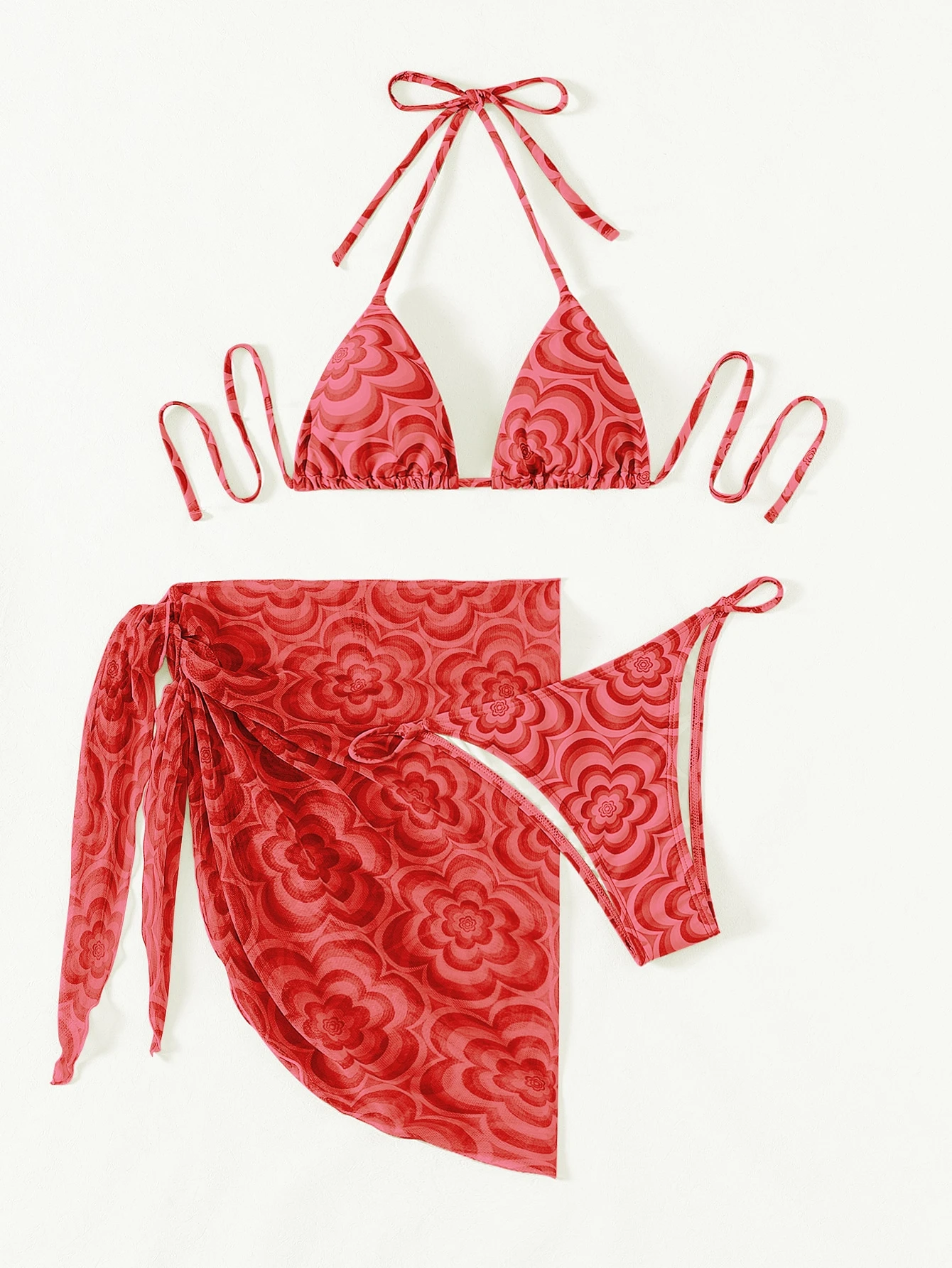Swim SXY Conjunto de bikini floral Sujetador de triángulo con cordón y bottom hipster y falda de playa - Imagen 4