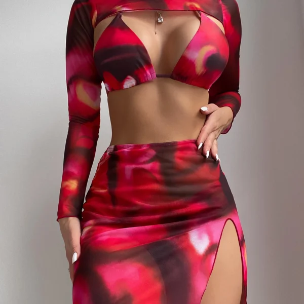 Swim SXY Conjunto de bikini triangular halter de verano con estampado completo y conjunto de cubierta