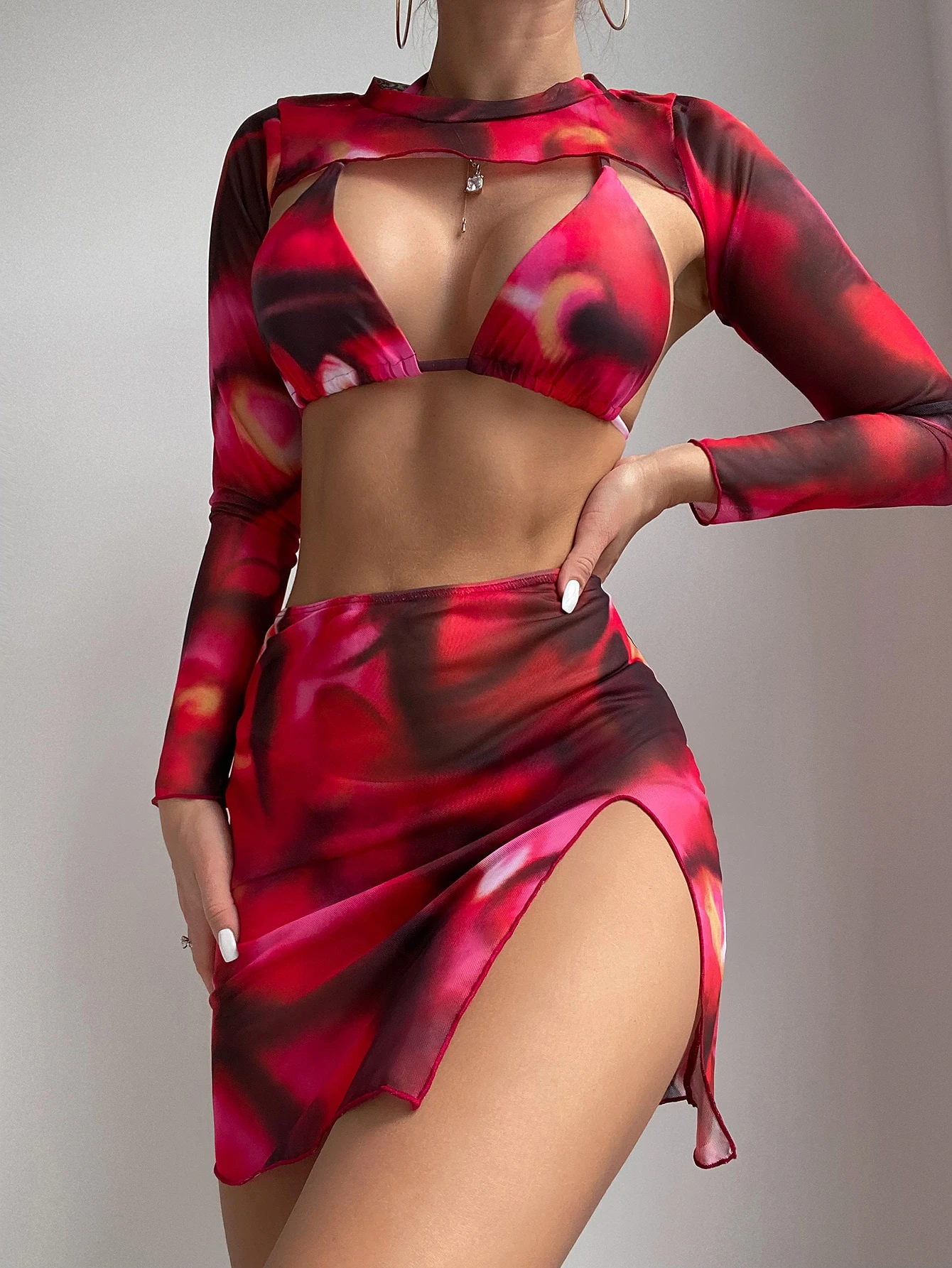 Swim SXY Conjunto de bikini triangular halter de verano con estampado completo y conjunto de cubierta - Imagen 8