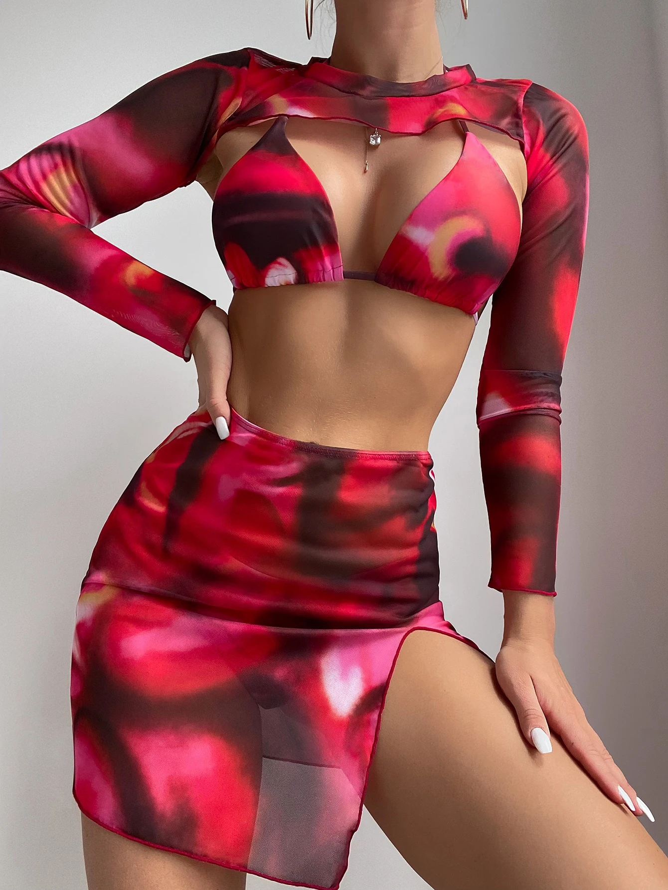 Swim SXY Conjunto de bikini triangular halter de verano con estampado completo y conjunto de cubierta - Imagen 7