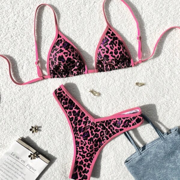 Swim SXY Set de 2 piezas bikini con estampado de leopardo, top con tiras de espagueti y sujeción en el cuello, y Bottom con lazos laterales, para verano y vacaciones en la playa