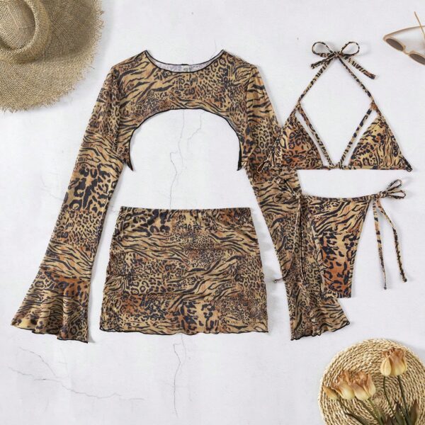 Swim Set de 4 piezas de traje de baño con estampado de leopardo para mujeres, ideal para vacaciones en la playa