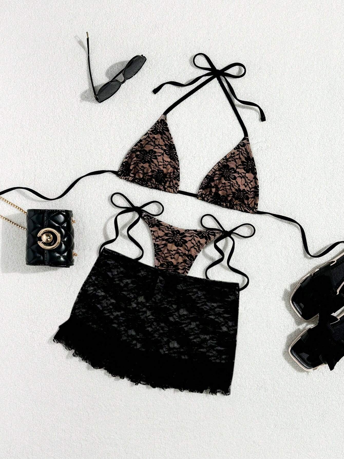 Conjunto de bikini de 3 piezas con minifalda de encaje negro sexy con volantes, sostén triangular y tanga para el verano - Imagen 5