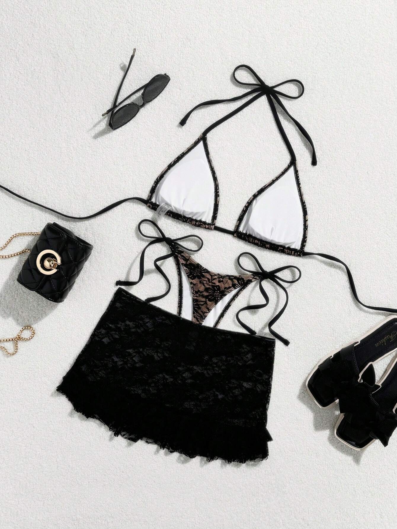 Conjunto de bikini de 3 piezas con minifalda de encaje negro sexy con volantes, sostén triangular y tanga para el verano - Imagen 4