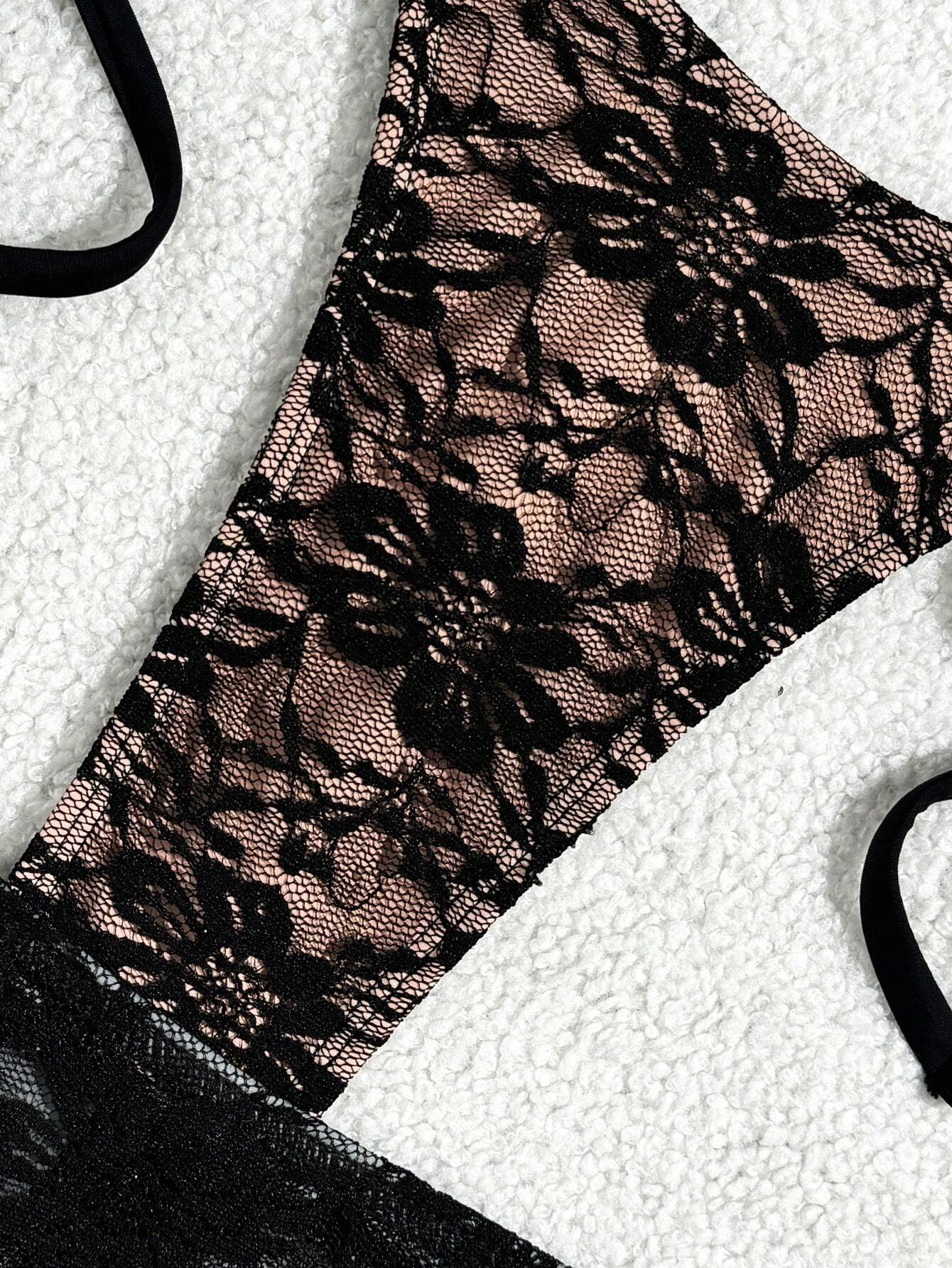 Conjunto de bikini de 3 piezas con minifalda de encaje negro sexy con volantes, sostén triangular y tanga para el verano - Imagen 3