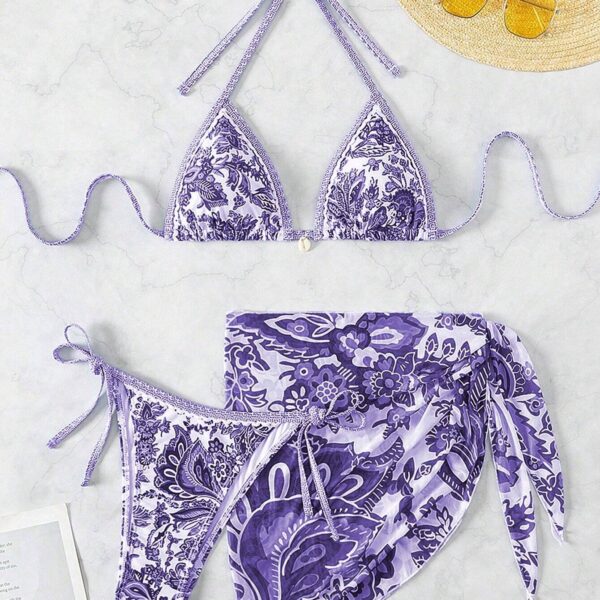 Swim Vcay Conjunto de bikini de 3 piezas de mujer para playa de verano con parte superior de cuello halter con estampado floral y falda pareo, impresión aleatoria
