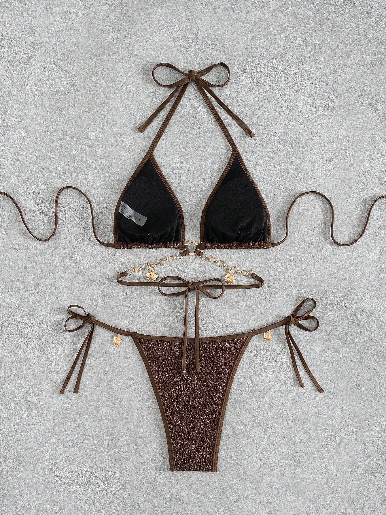 Swim Vcay Conjunto de bikini de vacaciones de verano para mujer, nueva llegada sexy con tela metálica dorada/plateada y decoración de cadena metálica elegan - Imagen 3