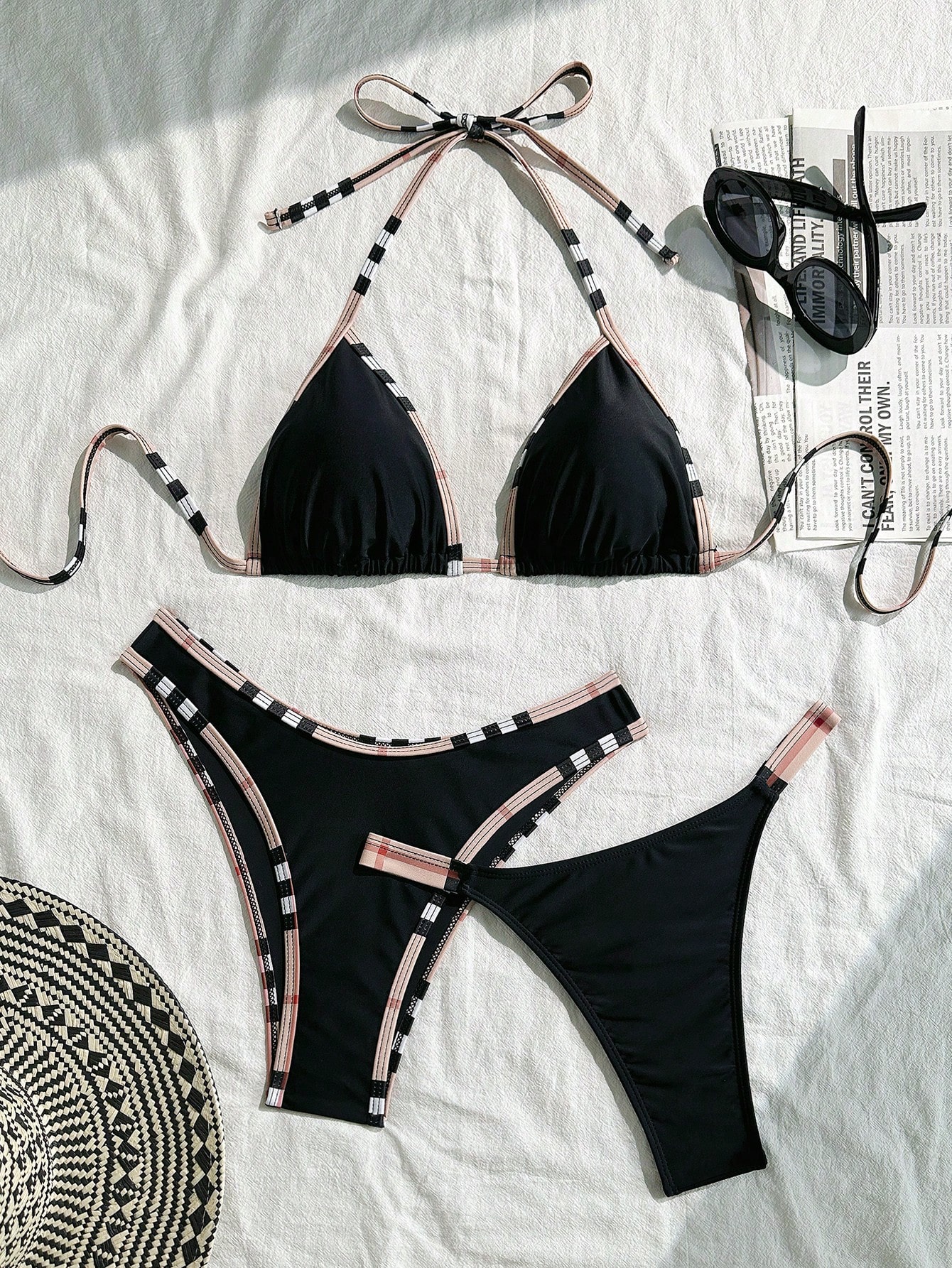 Swim Set de 3 piezas de bikini de bloques de color negro para mujeres, adecuado para spa, vacaciones, natación - Imagen 5