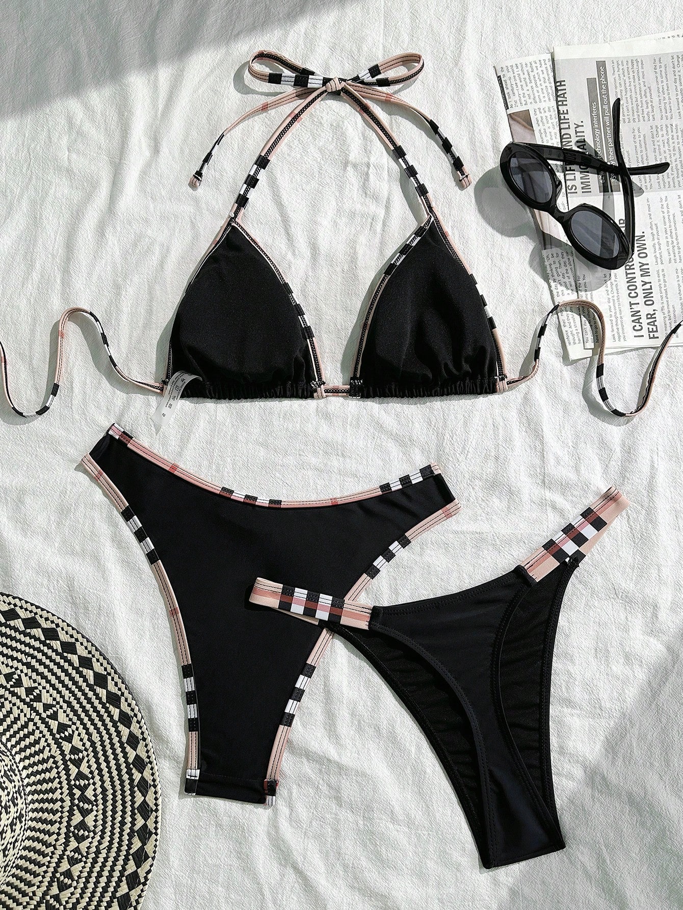 Swim Set de 3 piezas de bikini de bloques de color negro para mujeres, adecuado para spa, vacaciones, natación - Imagen 4
