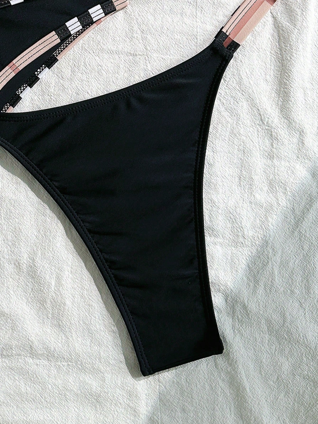 Swim Set de 3 piezas de bikini de bloques de color negro para mujeres, adecuado para spa, vacaciones, natación - Imagen 2
