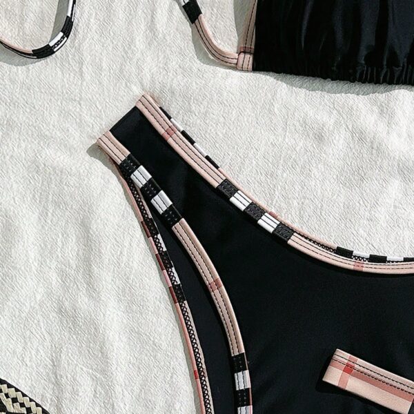 Swim Set de 3 piezas de bikini de bloques de color negro para mujeres, adecuado para spa, vacaciones, natación