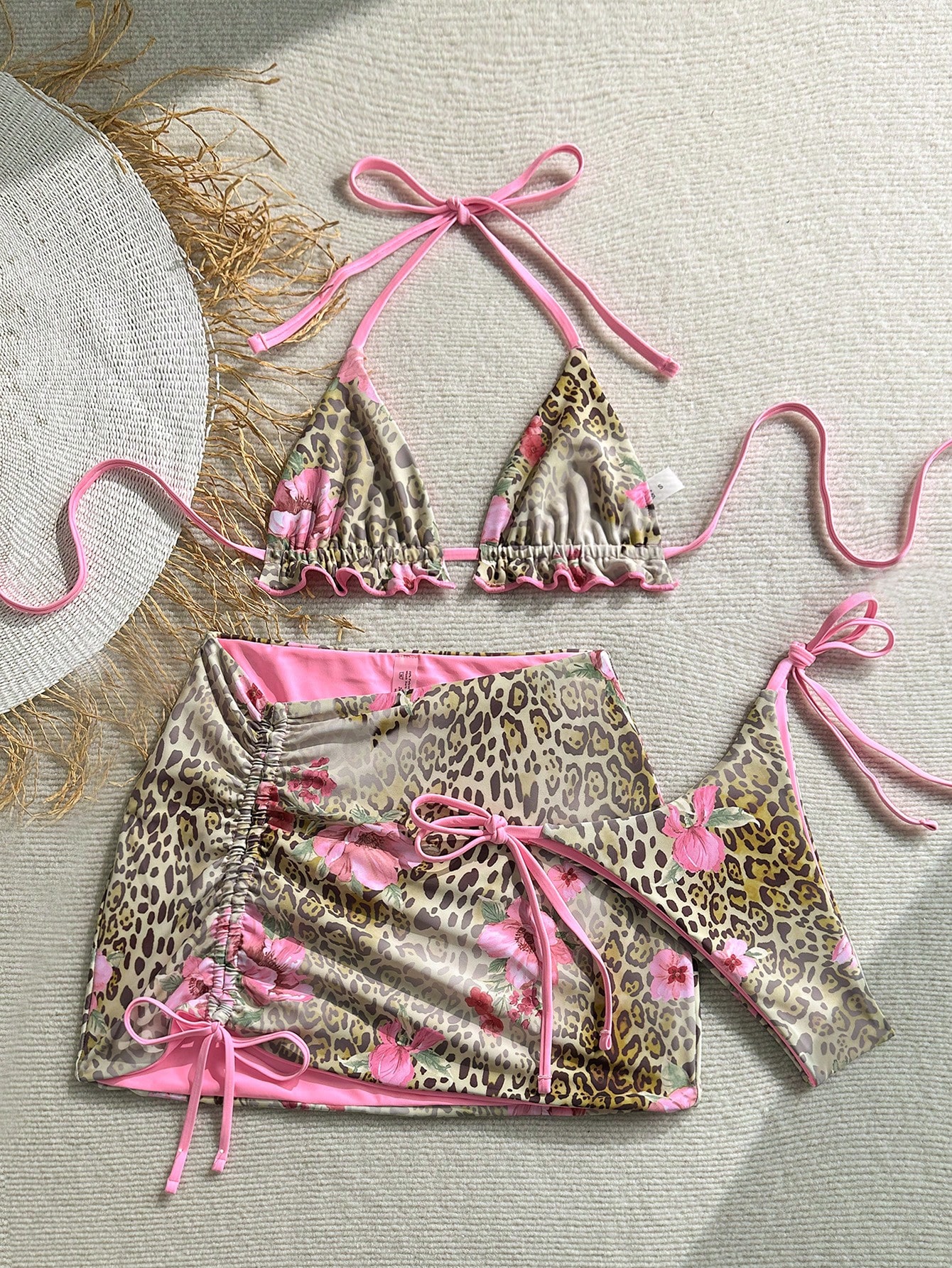 Soleia Set de 3 piezas de bikini reversible con estampado de leopardo y rojo para mujer, traje de baño de mujer, ropa de vacaciones de mujer, atuendo de verano de mujer, lencería de playa sexy de mujer - Imagen 4