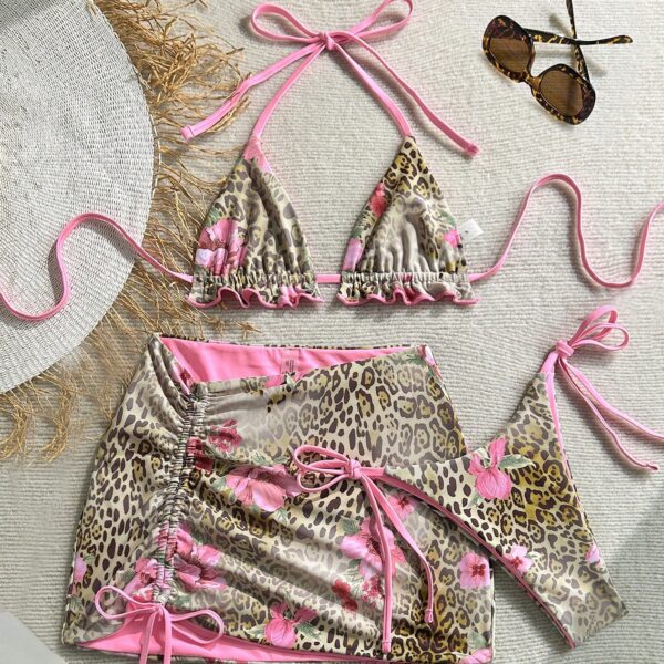 Soleia Set de 3 piezas de bikini reversible con estampado de leopardo y rojo para mujer, traje de baño de mujer, ropa de vacaciones de mujer, atuendo de verano de mujer, lencería de playa sexy de mujer