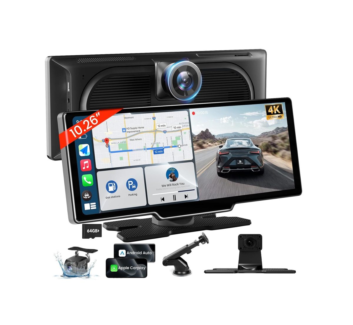 Pantalla CarPlay Inalámbrica TECXERLLON 10.26” – Cámara 4K Frontal, Cámara de Reversa 1080P - Imagen 1