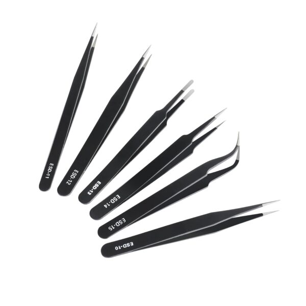 Juego de 6 Pinzas de Precisión – Acero Inoxidable Antiestático ESD | Electrónica, Manualidades y Laboratorio