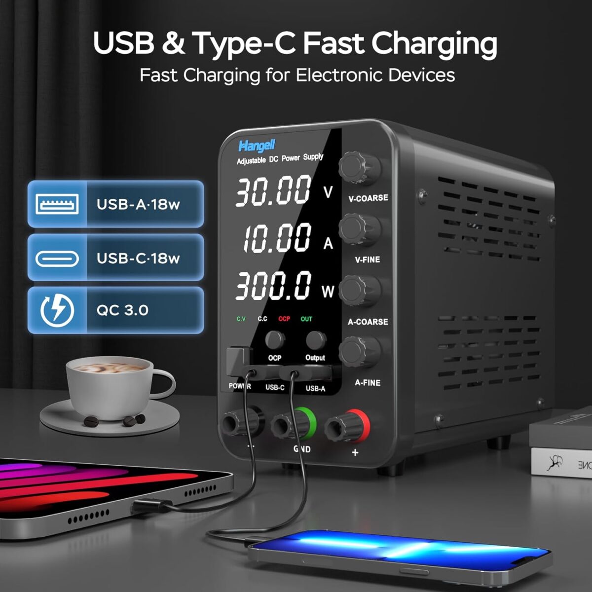 HANGELL – Fuente de Alimentación de CC Variable 30V 10A | Banco de Laboratorio con Ajuste Grueso/Fino, Protección OCP y Pantalla LED - Image 5