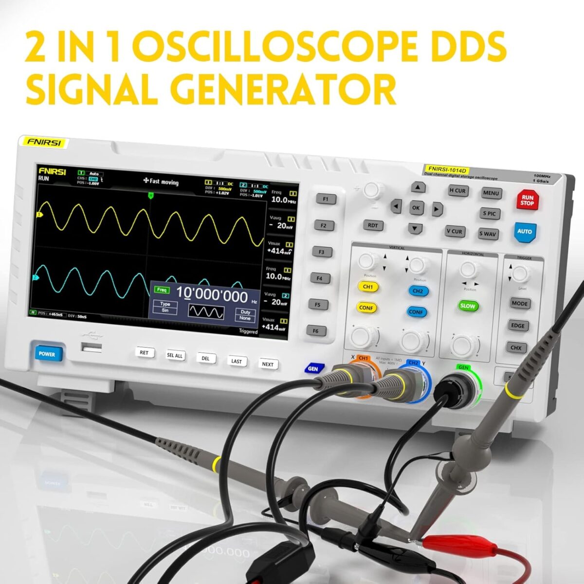 FNIRSI 1014D – Osciloscopio Digital 2 en 1 | 100MHz 2 Canales | 1GSa/s | Generador de Señal DDS + Pantalla 7 - Image 2
