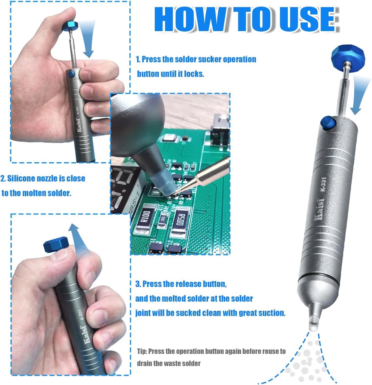 Kaisi – Bomba de Desoldadura Manual | Succión al Vacío Potente | Punta Antibloqueo + Tubo de Silicona Resistente al Calor - Image 2