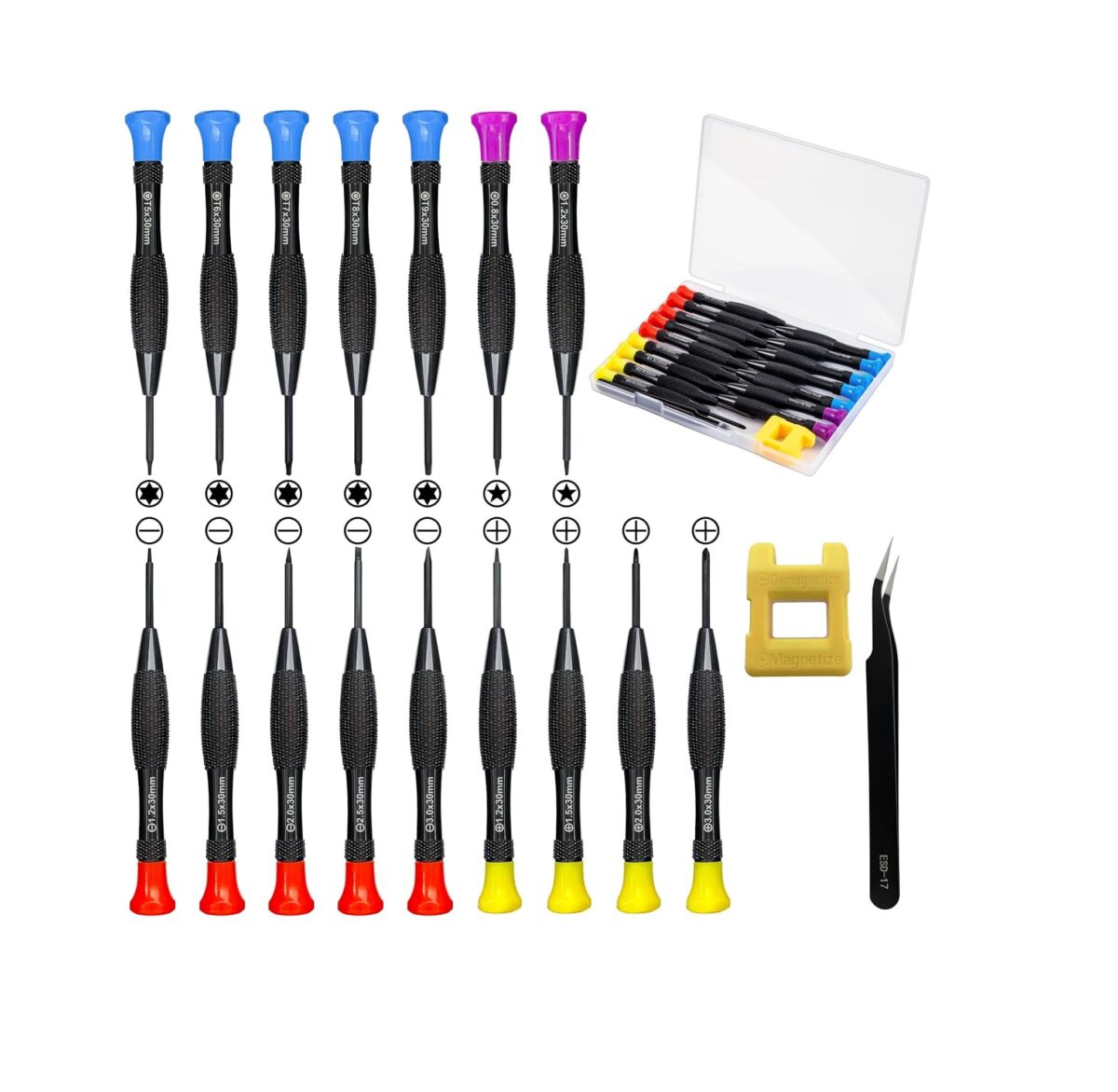 Juego de Destornilladores de Precisión 18 en 1 con Estuche – Torx, Phillips, Pentalobe, Planos + Pinzas Antiestáticas - Image 1