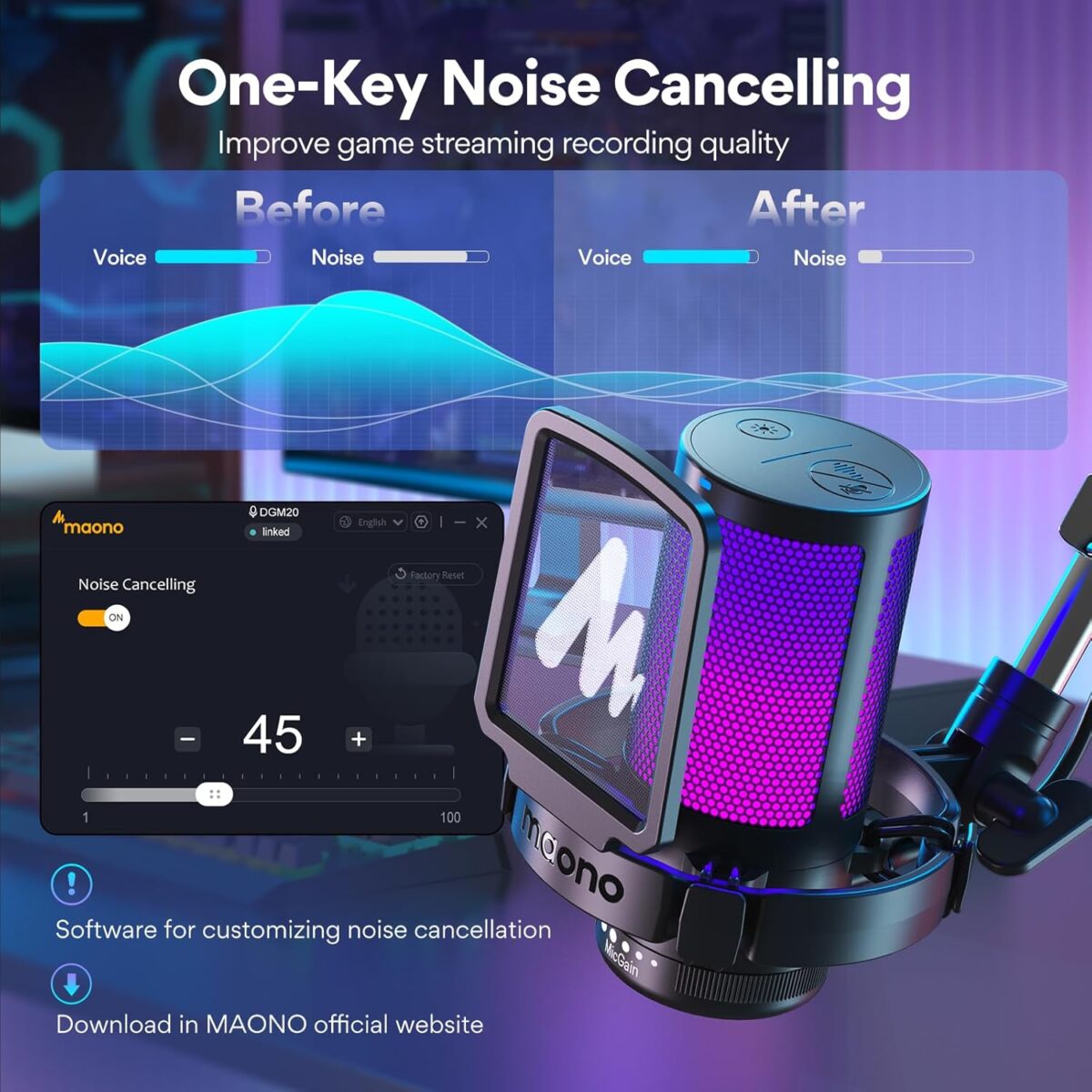 Micrófono MAONO DGM20S – USB Gaming con Cancelación de Ruido, RGB, Brazo Ajustable - Image 2