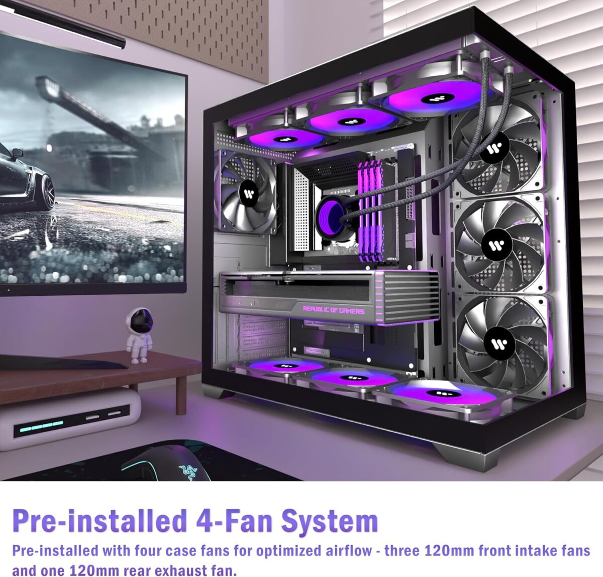 Chasis KEDIERS K4 – ATX Torre Media, Vidrio Templado Doble, 4 Ventiladores Preinstalados, USB-C - Image 2