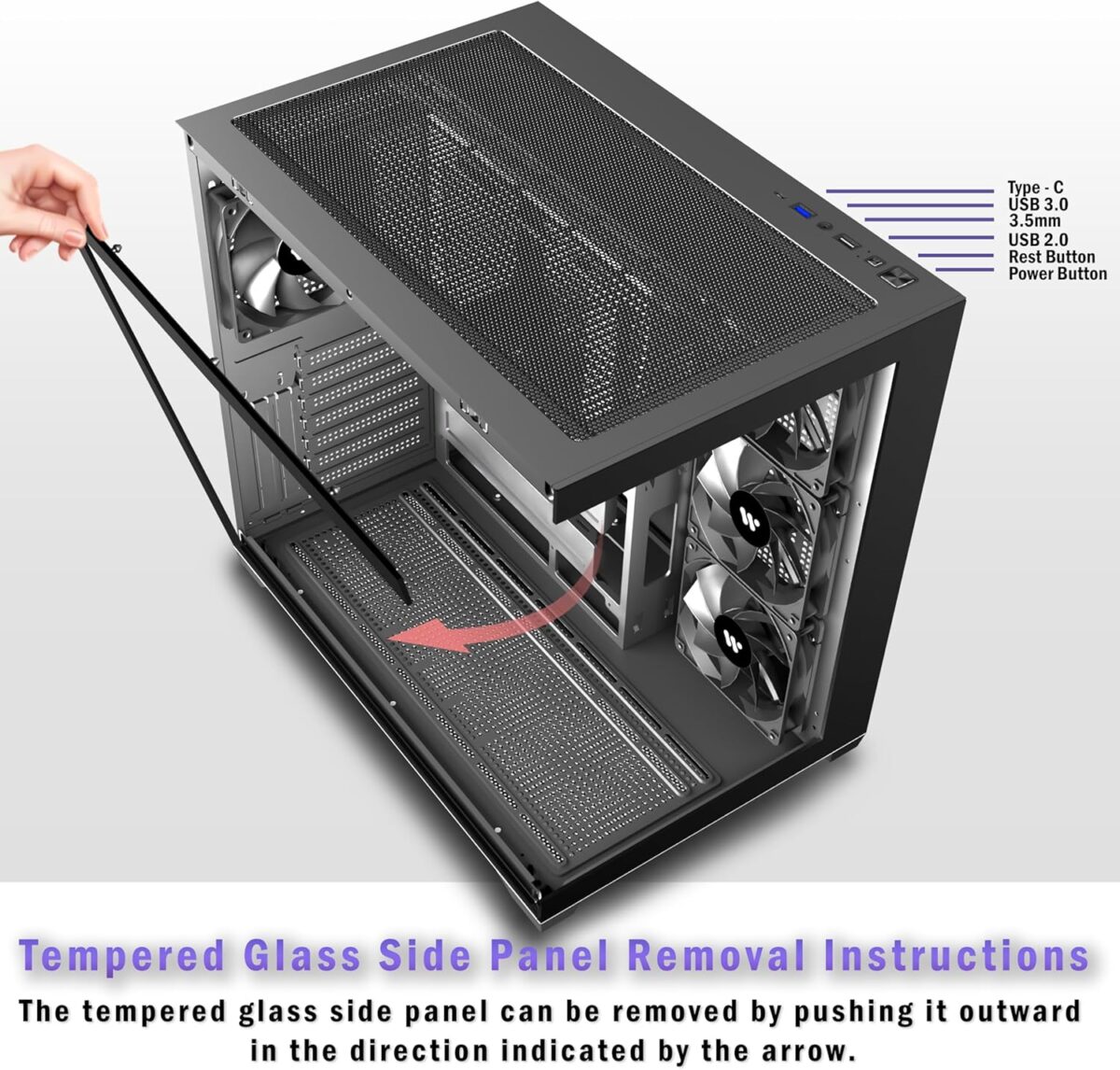 Chasis KEDIERS K4 – ATX Torre Media, Vidrio Templado Doble, 4 Ventiladores Preinstalados, USB-C - Image 3