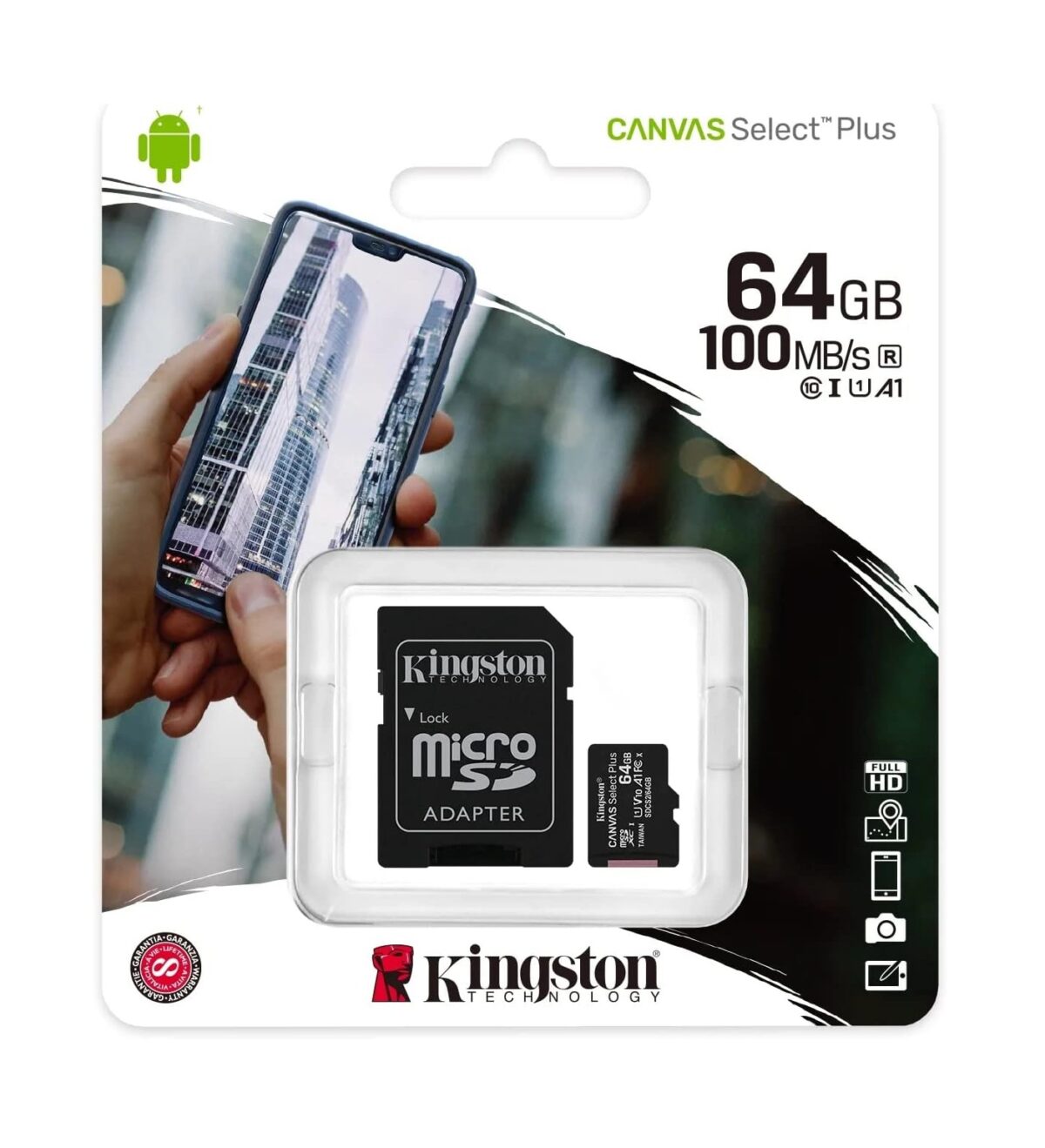 Kingston Tarjeta microSDXC Canvas Select Plus de 64 GB con adaptador | Hasta 100 MB/s | A1 Clase 10 UHS-I