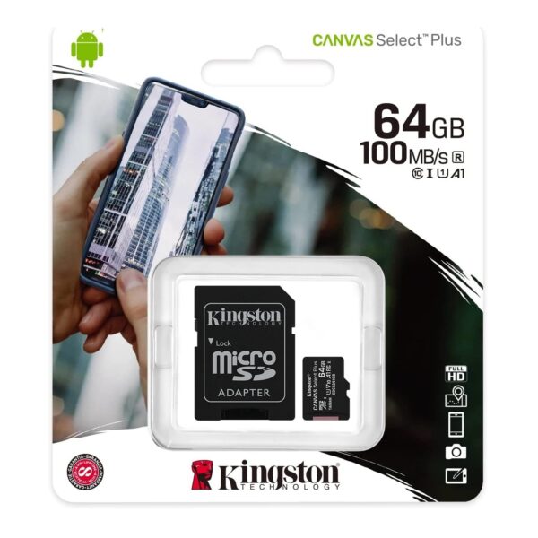 Kingston Tarjeta microSDXC Canvas Select Plus de 64 GB con adaptador | Hasta 100 MB/s | A1 Clase 10 UHS-I